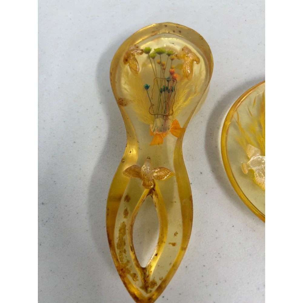 Vintage‎ 1969 New Designs Inc Resin Trivet and Spoon Rest Set Dried Flowers MCM